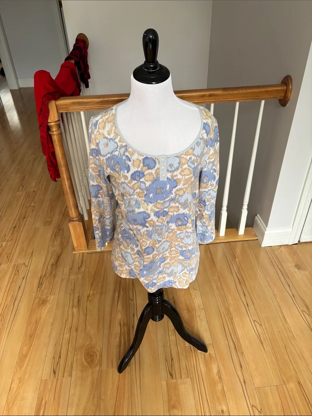 J. Jill Scoop Neck Floral Long Sleeve Top in Light Blue and Cream - Picture 1 of 6